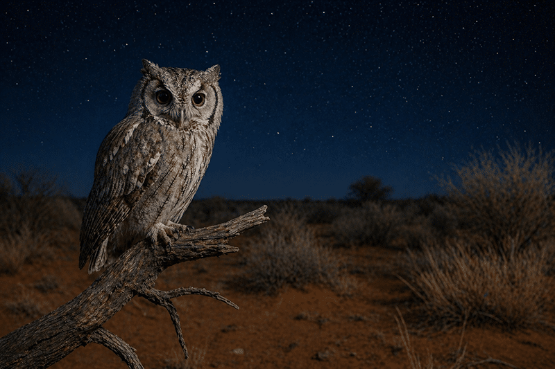 A Kalahari night scene with a spotlight revealing an owl setting under a star-filled sky