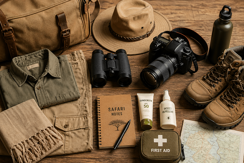 A neatly arranged safari packing layout with neutral clothing, binoculars, hat, and camera on a wooden surface
