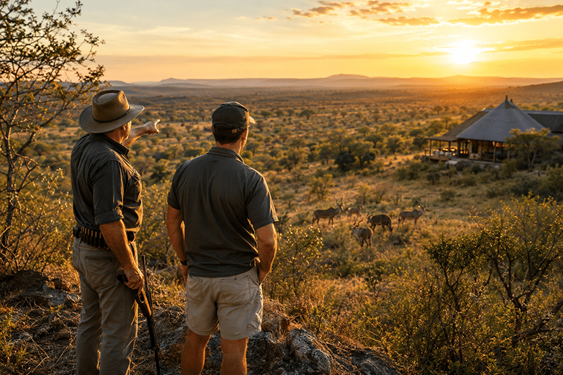 A professional hunter and guest overlooking the Limpopo bushveld at sunrise, with plains game grazing in the distance