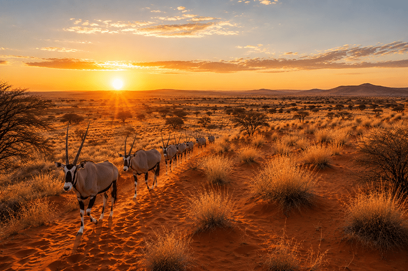 A dramatic sunrise over red Kalahari dunes with a herd of Gemsbok walking across the landscape